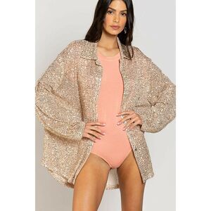 POL CLOTHING GOLD BEIGE SEQUIN BUTTON UP SHIRT BEACH COVER UP SPARKLY CUTE NEW